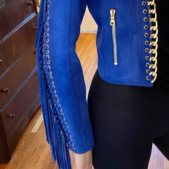 ❌SOLD❌ Balmain blue suede fringe cropped jacket - Picture 5 of 6
